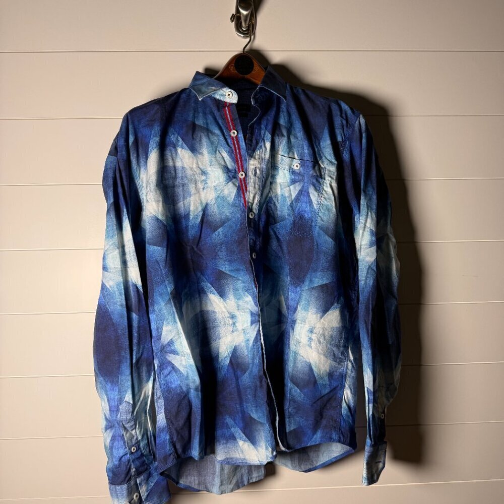 Bugatchi Classic Fit Long Sleeve Shirt Blue & White Geometric Sz XL